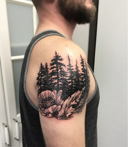 Michael Bales - Blackwork Pinetrees and Poppy- Instagram @michaelbalesart